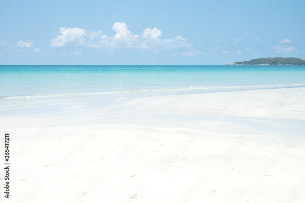 Empty sea, beach and bright sky with white cloud background with copy space for vacation holiday