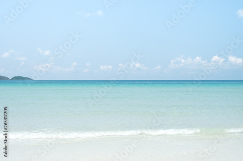 Empty sea, beach and bright sky with white cloud background with copy space for vacation holiday