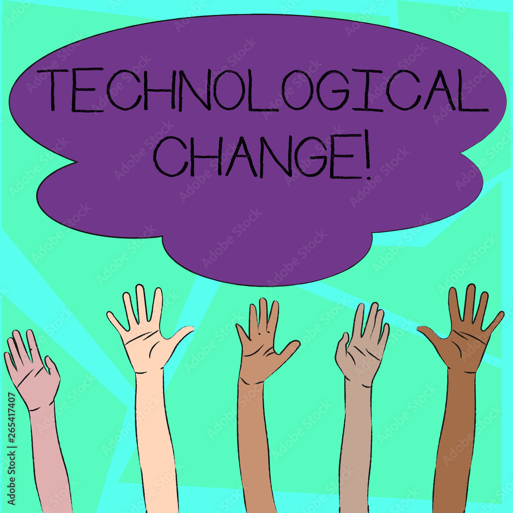 Word writing text Technological Change. Business photo showcasing increase in the efficiency of a product or process Multiracial Diversity Hands Raising Upward Reaching for Colorful Big Cloud Word writing text Technological Change. Business photo showcasing increase in the efficiency of a product or process Multiracial Diversity Hands Raising Upward Reaching for Colorful Big Cloud