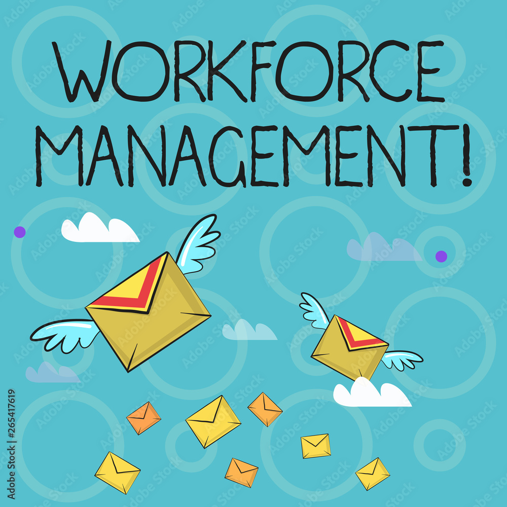 Conceptual hand writing showing Workforce Management. Concept meaning use to optimize the productivity of its employees Colorful Airmail Letter Envelopes and Two of Them with Wings