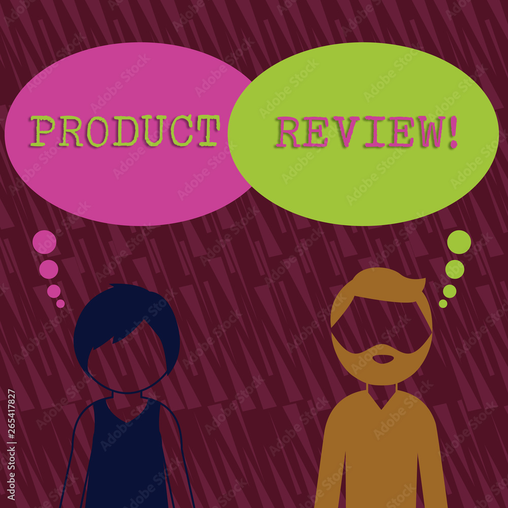 Text sign showing Product Review. Business photo text Customers rate and comment on products they have purchased Bearded Man and Woman Faceless Profile with Blank Colorful Thought Bubble