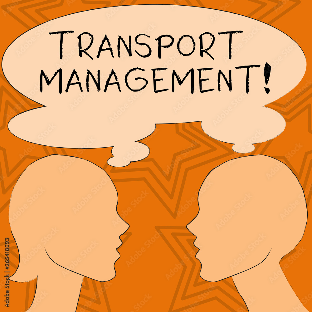 Writing note showing Transport Management. Business concept for analysisaging aspect of vehicle maintenance and operations Silhouette Sideview Profile of Man and Woman Thought Bubble