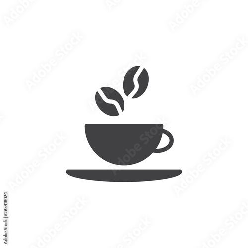 Coffee cup vector icon. filled flat sign for mobile concept and web design. Coffee beans and cup with saucer glyph icon. Coffee shop symbol  logo illustration. Pixel perfect vector graphics