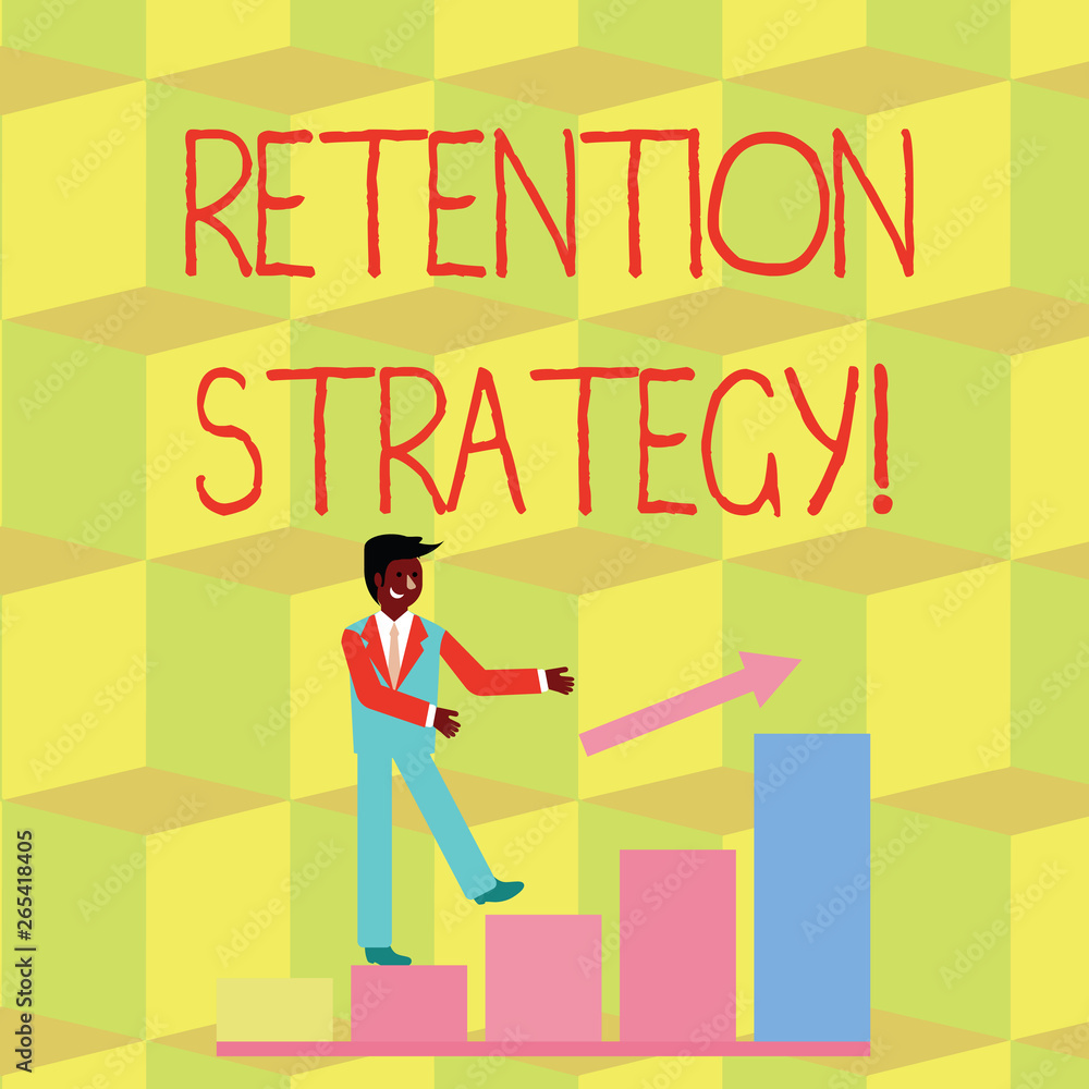 Fototapeta premium Handwriting text Retention Strategy. Conceptual photo activities to reduce employee turnover and attrition Smiling Businessman Climbing Colorful Bar Chart Following an Arrow Going Up