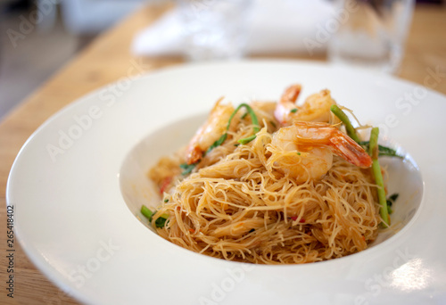 asian thai food noodle with shrimp and vegetable serve photo