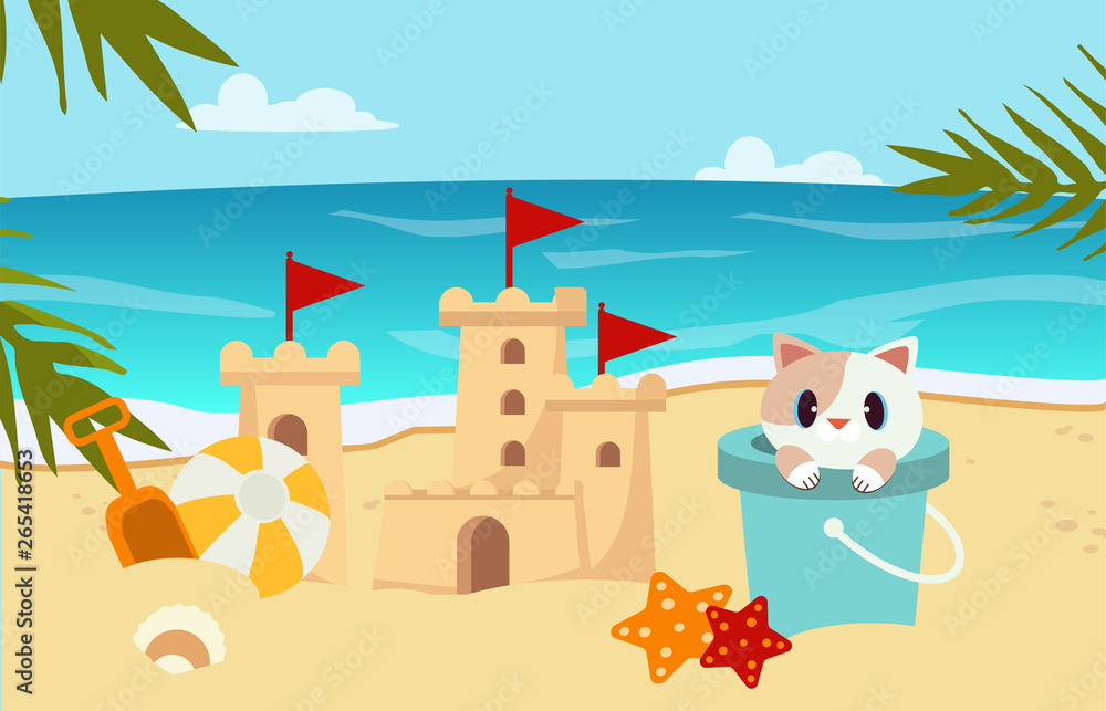 beach scene with castle sand , Cat in the tank beach scene with castle sand , Cat in the tank