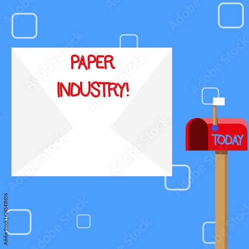 Handwriting text Paper Industry. Conceptual photo industry of analysisufacturing and selling cellulosebased product Blank Big White Envelope and Open Red Mailbox with Small Flag Up Signalling photo