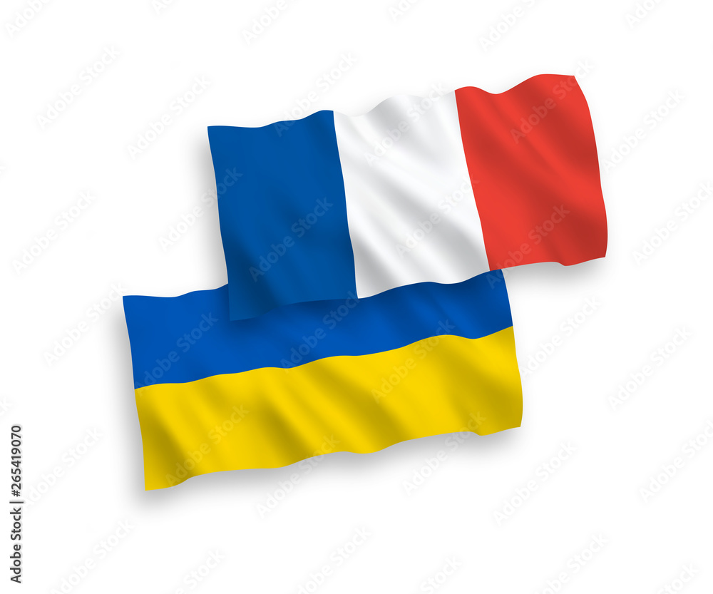 Fototapeta premium National vector fabric wave flags of France and Ukraine isolated on white background. 1 to 2 proportion.