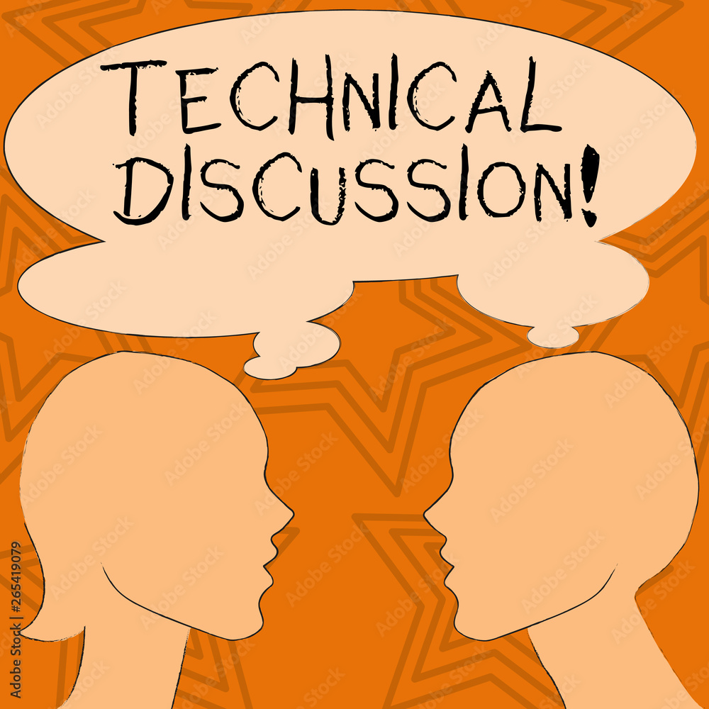 Writing note showing Technical Discussion. Business concept for conversation or debate about a specific technical issue Silhouette Sideview Profile of Man and Woman Thought Bubble