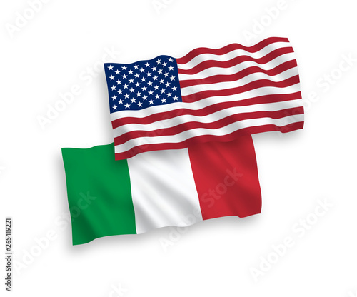 National vector fabric wave flags of Italy and America isolated on white background. 1 to 2 proportion.