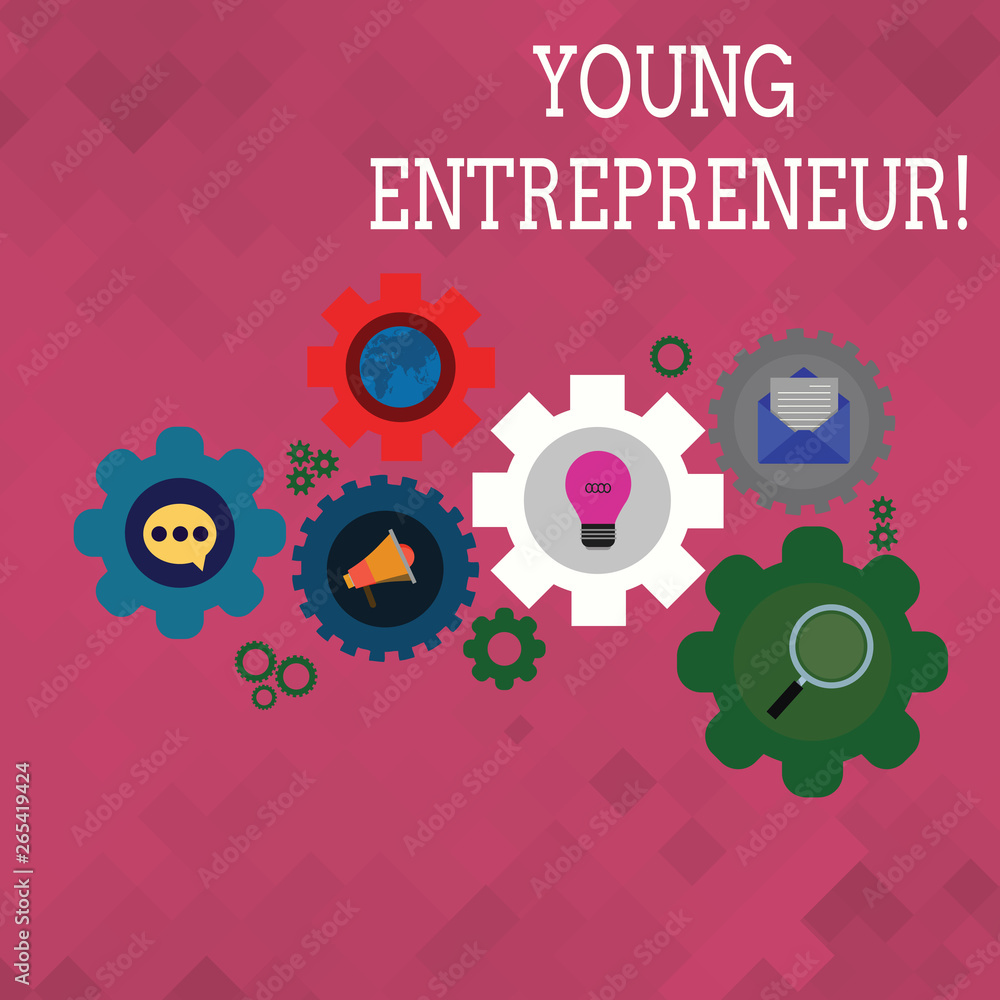 Text sign showing Young Entrepreneur. Business photo text someone that started their own business at young age Set of Global Online Social Networking Icons Inside Colorful Cog Wheel Gear Text sign showing Young Entrepreneur. Business photo text someone that started their own business at young age Set of Global Online Social Networking Icons Inside Colorful Cog Wheel Gear