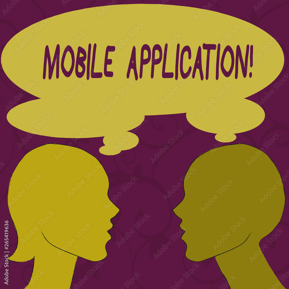 Text sign showing Mobile Application. Business photo showcasing application software designed to run on a mobile device Silhouette Sideview Profile Image of Man and Woman with Shared Thought Bubble