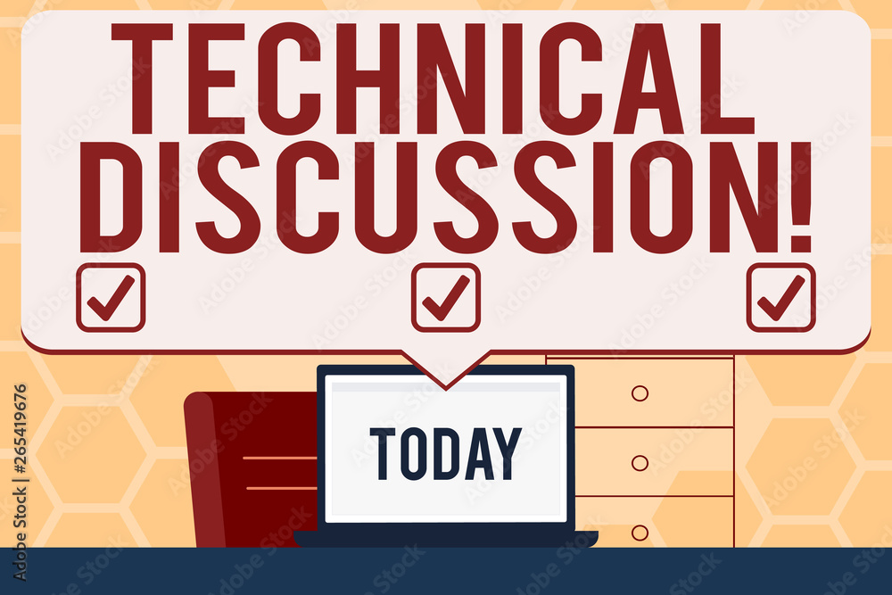 Fototapeta premium Text sign showing Technical Discussion. Business photo text conversation or debate about a specific technical issue Blank Huge Speech Bubble Pointing to White Laptop Screen in Workspace Idea
