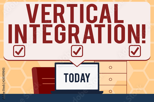Text sign showing Vertical Integration. Business photo text Merger of companies at different stages of production Blank Huge Speech Bubble Pointing to White Laptop Screen in Workspace Idea