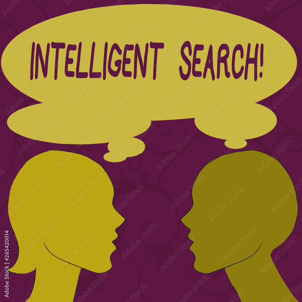 Text sign showing Intelligent Search. Business photo showcasing new network of systems that produce direct answers Silhouette Sideview Profile Image of Man and Woman with Shared Thought Bubble