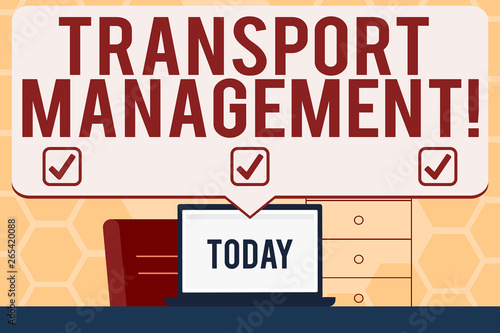 Text sign showing Transport Management. Business photo text analysisaging aspect of vehicle maintenance and operations Blank Huge Speech Bubble Pointing to White Laptop Screen in Workspace Idea