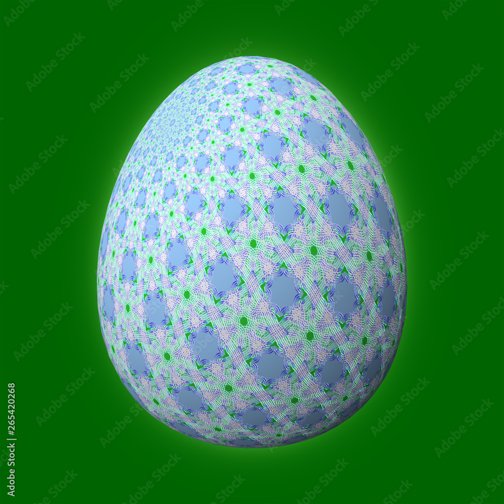 Happy Easter - Frohe Ostern, Artfully designed and colorful easter egg, 3D illustration on green background