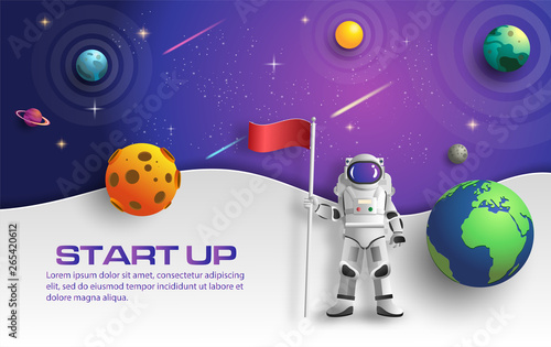 Paper art style of astronaut raising flag in outer space on mission, start up business concept, flat-style vector illustration.
