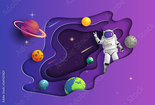 Paper art style of astronaut in outer space on mission, showing victory hand sign, flat-style vector illustration.