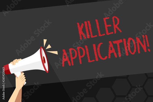 Text sign showing Killer Application. Business photo showcasing virtually indispensable or much superior to rival product Human Hand Holding Tightly a Megaphone with Sound Icon and Blank Text Space photo