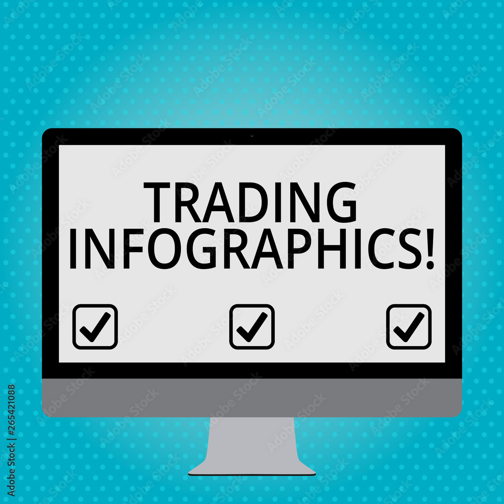 Handwriting text Trading Infographics. Conceptual photo visual representation of trade information or data Blank White Computer Monitor WideScreen Mounted on a Stand for Technology Handwriting text Trading Infographics. Conceptual photo visual representation of trade information or data Blank White Computer Monitor WideScreen Mounted on a Stand for Technology