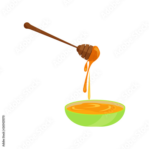 Honey bowl cartoon illustration. Honey dripping from dipper. Honey concept. Vector illustration can be used for topics like organic food, dessert, sweet