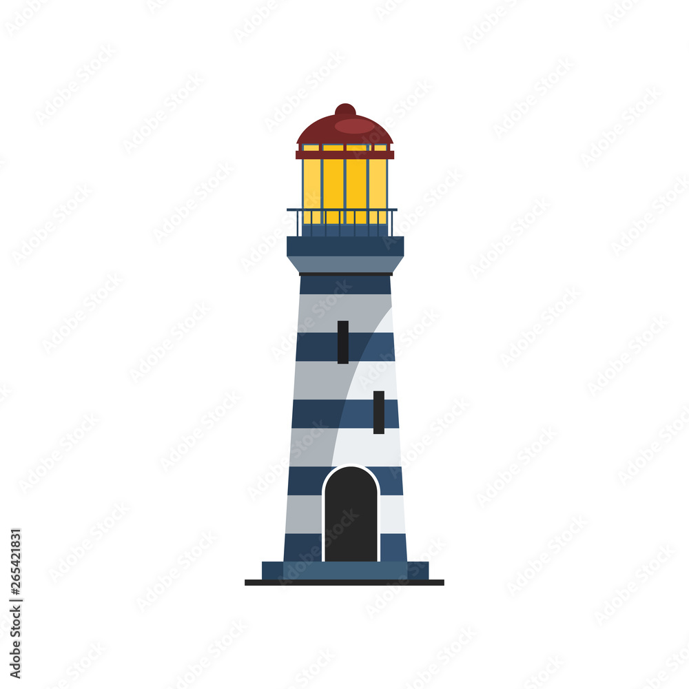 Lighthouse with stripped tower. Modern tower with bright light on top. Can be used for topics like signal, sea, guiding ships Lighthouse with stripped tower. Modern tower with bright light on top. Can be used for topics like signal, sea, guiding ships