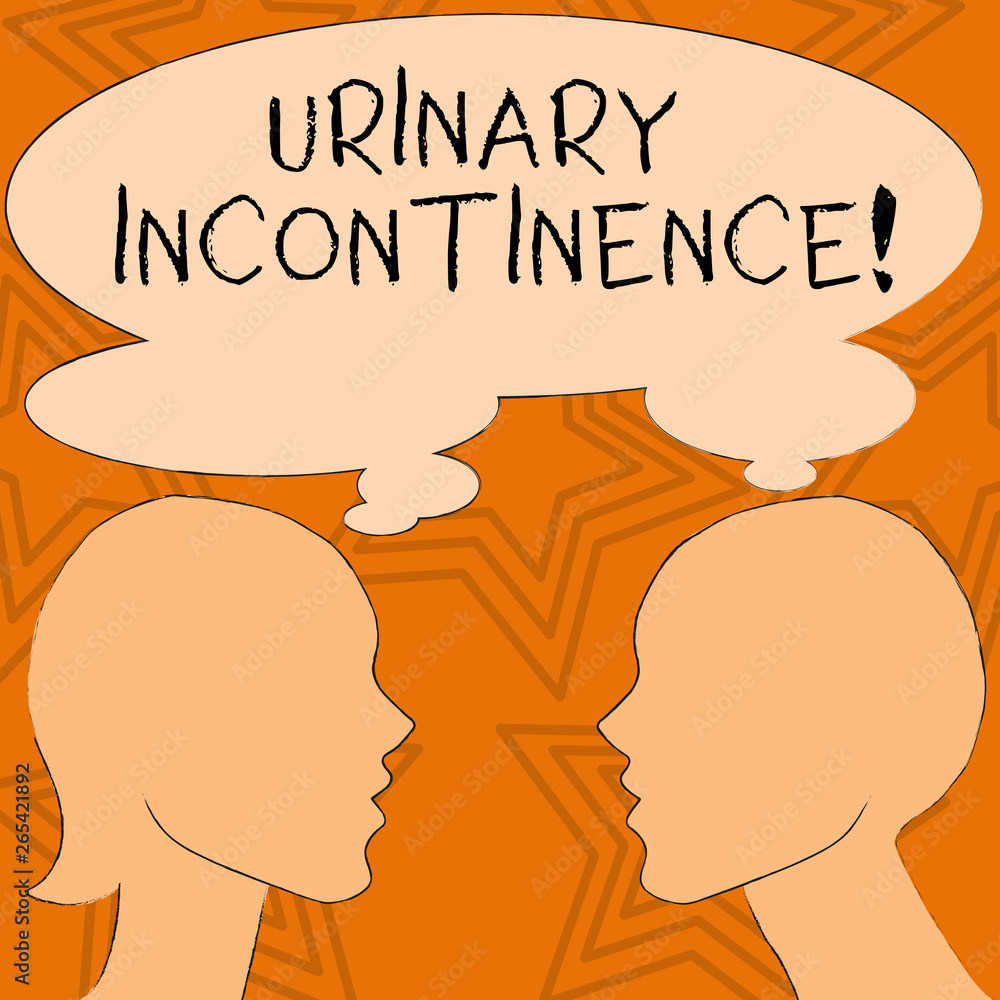 Writing note showing Urinary Incontinence. Business concept for uncontrolled leakage of urine Loss of bladder control Silhouette Sideview Profile of Man and Woman Thought Bubble