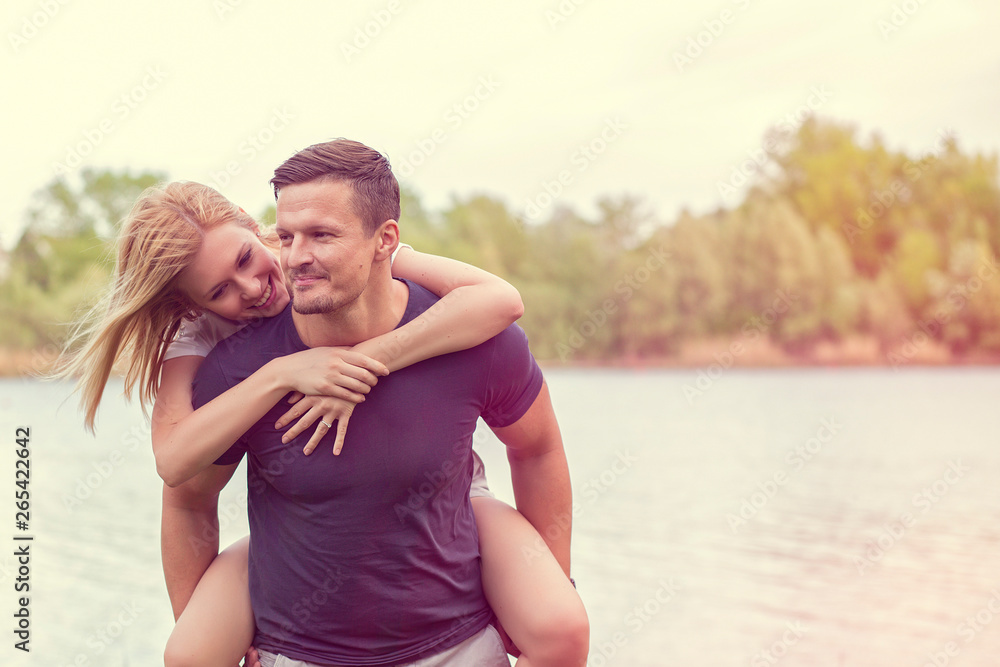 Beauty Lovely Couple Spend Time Together on Lake Outdoor Summer