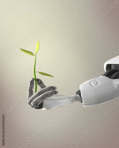 robot arm holding sprout ,3d render.