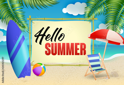 Hello Summer lettering, chaise longue, umbrella and surfboard. Tourism, summer offer or sale design. Handwritten and typed text, calligraphy. For leaflets, brochures, invitations, posters or banners.