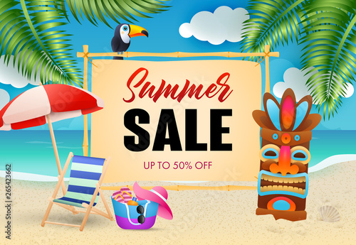 Summer sale lettering, chaise longue and tribal mask on beach. Tourism, summer offer or sale design. Handwritten and typed text, calligraphy. For leaflets, brochures, invitations, posters or banners.