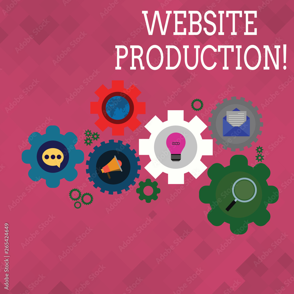 Text sign showing Website Production. Business photo text process of creating websites and it s is components Set of Global Online Social Networking Icons Inside Colorful Cog Wheel Gear Text sign showing Website Production. Business photo text process of creating websites and it s is components Set of Global Online Social Networking Icons Inside Colorful Cog Wheel Gear