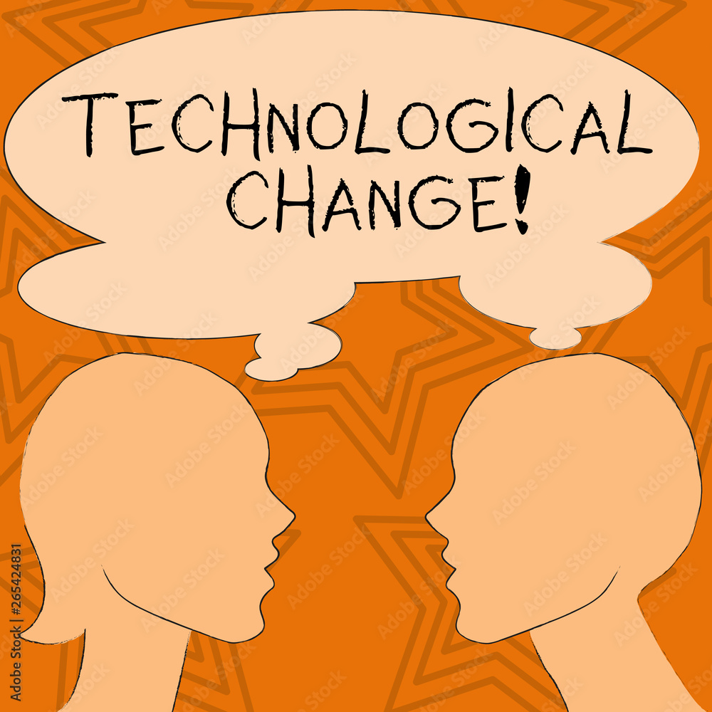 Writing note showing Technological Change. Business concept for increase in the efficiency of a product or process Silhouette Sideview Profile of Man and Woman Thought Bubble