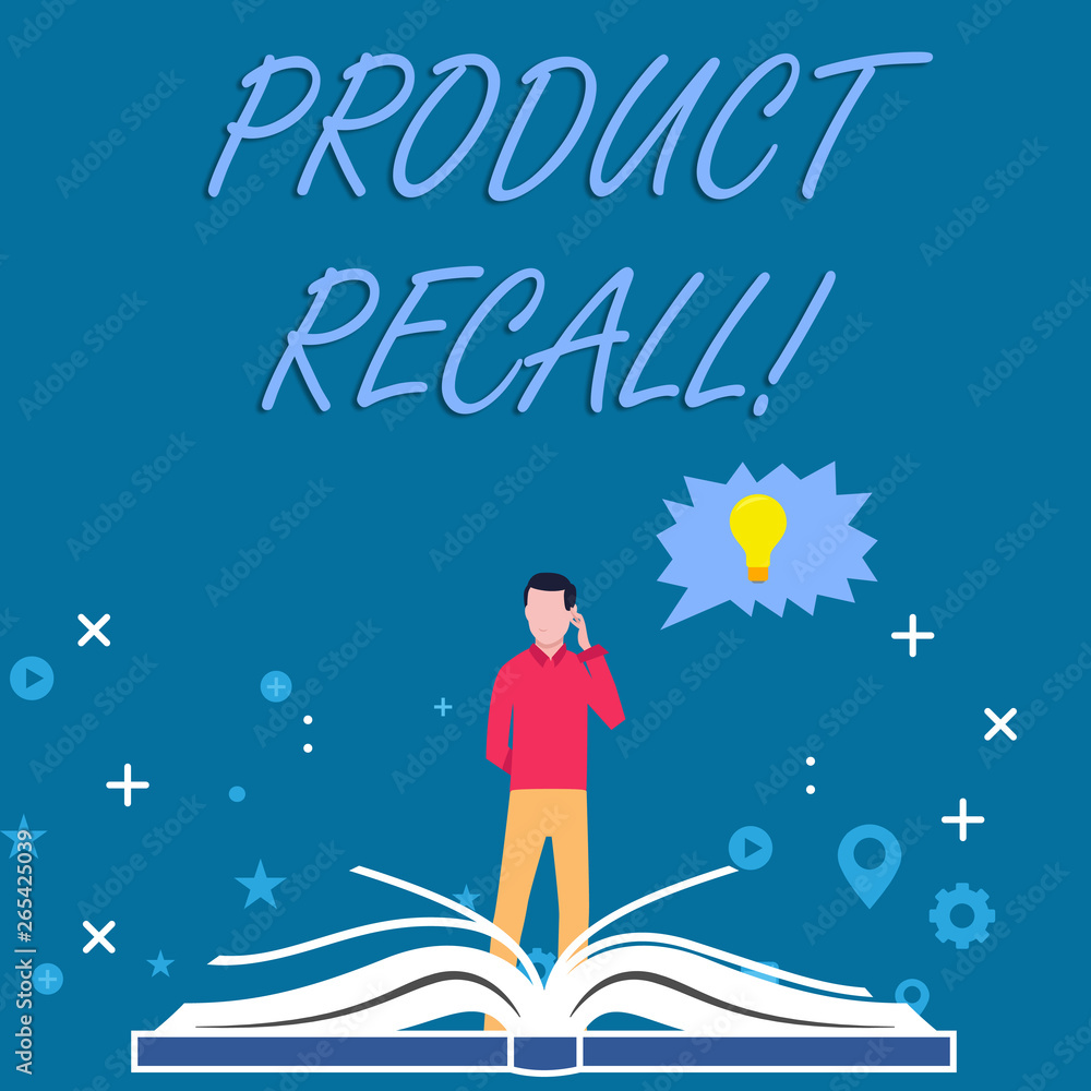 Writing note showing Product Recall. Business concept for process of retrieving potentially unsafe goods from consumers Man Standing Behind Open Book Jagged Speech Bubble with Bulb