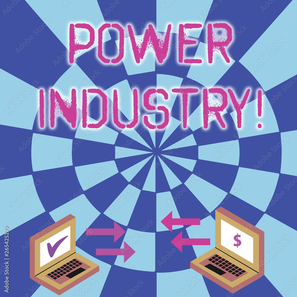 Conceptual hand writing showing Power Industry. Concept meaning industries involved in the production and sale of energy Arrow Icons Between Two Laptop Currency Sign and Check Icons