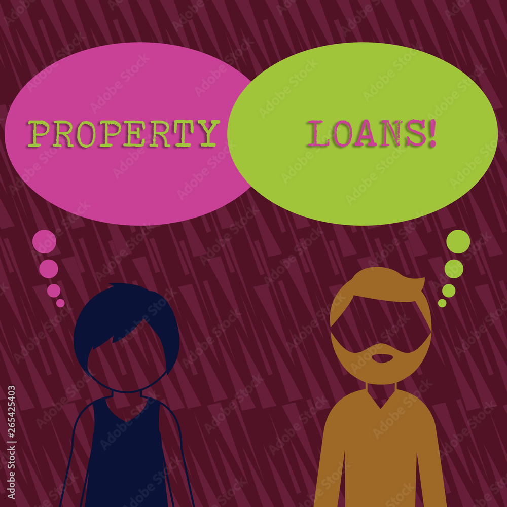 Text sign showing Property Loans. Business photo text a loan used to buy land or buildings and infrastructures Bearded Man and Woman Faceless Profile with Blank Colorful Thought Bubble Text sign showing Property Loans. Business photo text a loan used to buy land or buildings and infrastructures Bearded Man and Woman Faceless Profile with Blank Colorful Thought Bubble