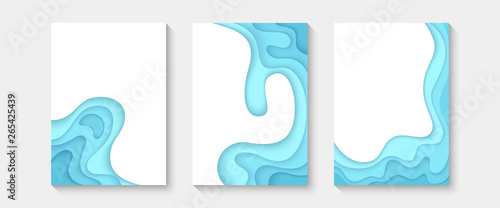 Abstract paper cut covers. Vertical banners, brochures, posters. Blue and turquoise color. Simple realistic design. Beautiful background. Flat style vector illustration.