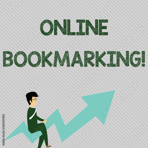 Text sign showing Online Bookmarking. Business photo text used to save a URL address for future reference Businessman with Eyeglasses Riding Crooked Color Arrow Pointing Going Up