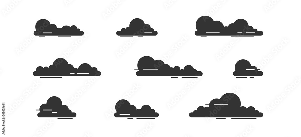 Clouds set isolated on a white background. Simple cute cartoon design. Icon or logo collection. Realistic elements. Flat style vector illustration. Clouds set isolated on a white background. Simple cute cartoon design. Icon or logo collection. Realistic elements. Flat style vector illustration.