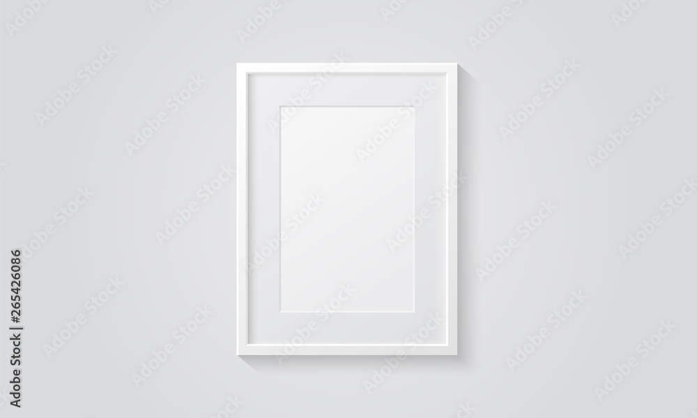 Picture frame isolated on a wall. White color. Realistic modern template. A4 vertical format. Mock up for pictures or photo. Beautiful minimal clean design. Eps 10 vector illustration. - obrazy, fototapety, plakaty 
