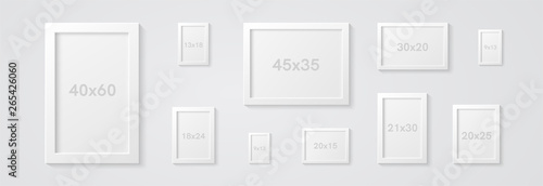 Picture frames set isolated on a wall. White color. Realistic modern template. Mock up for pictures or photo. Beautiful minimal clean design. Eps 10 vector illustration.