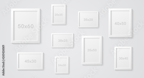 Picture frames set isolated on a wall. White color. Realistic modern template. Mock up for pictures or photo. Beautiful minimal clean design. Eps 10 vector illustration.
