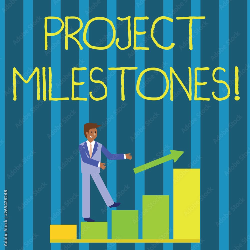 Writing note showing Project Milestones. Business concept for duration that shows an important achievement in a project Smiling Businessman Climbing Bar Chart Following an Arrow Up
