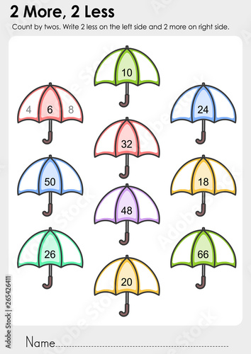 2 More, 2 Less Worksheet for education. -  Count by twos. Write 2 less on the left side and 2 more on right side. 