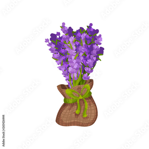 Bouquet of flowers in a bag from a sacking. Vector illustration.