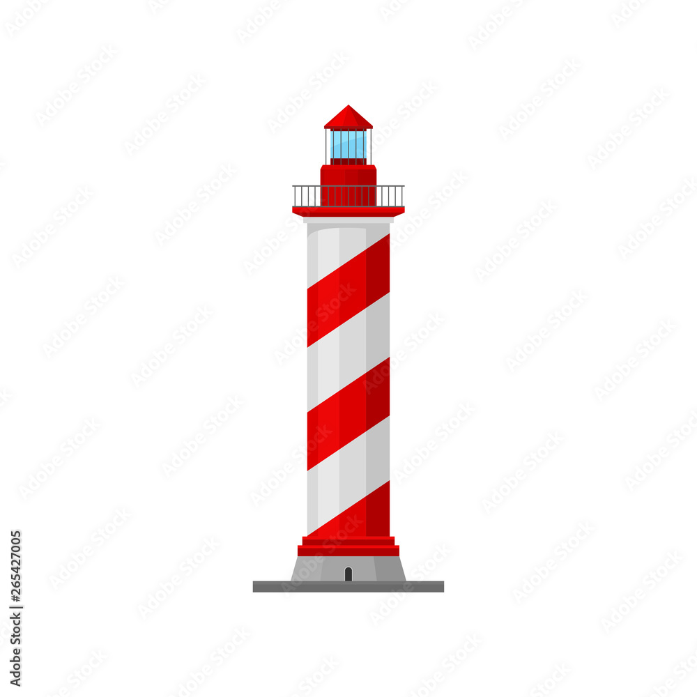 Lighthouse with a spiral pad and a caretaker. Vector illustration.