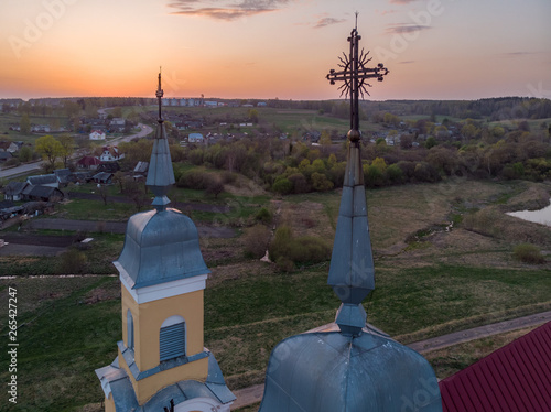 The Catholic church in the sunset light. Krevo, Belarus. Drone aerial photo photo