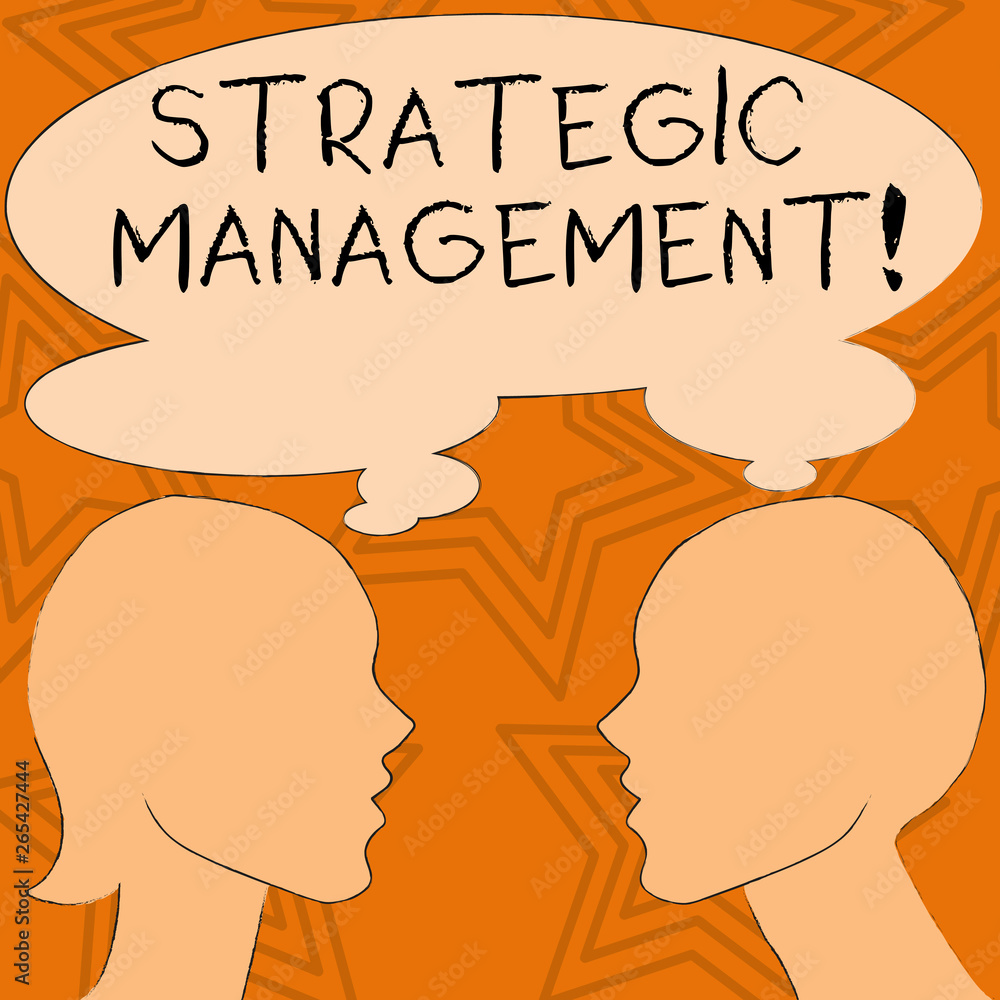 Writing note showing Strategic Management. Business concept for formulation and implementation of the major goals Silhouette Sideview Profile of Man and Woman Thought Bubble