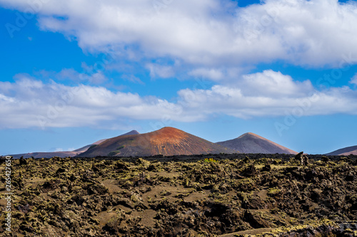 Spain, Lanzarote, Colorful volcanoes behind rough green moss covered lava field